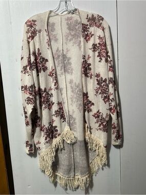 Charlotte Russe Cream Floral Open-Front Cardigan with Fringe